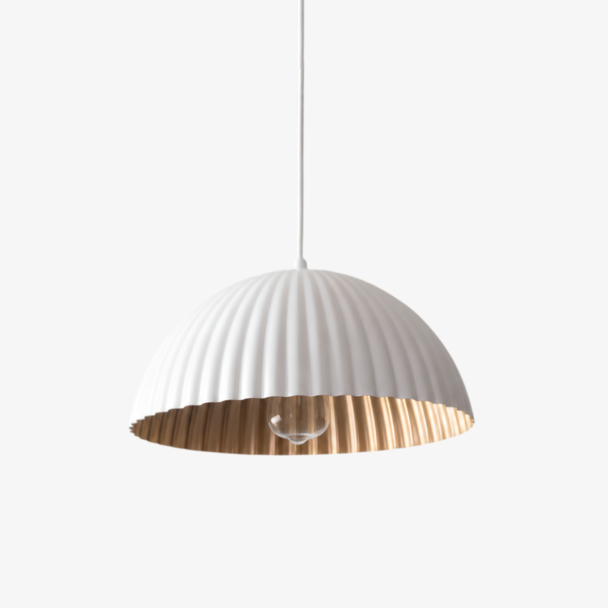 White ribbed metal pendant lamp with gold interior