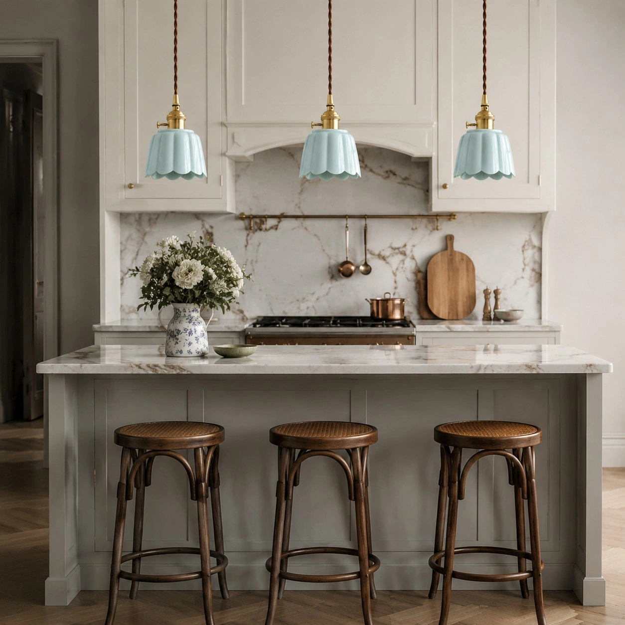 Cienax cyan ceramic pendant light above a kitchen counter