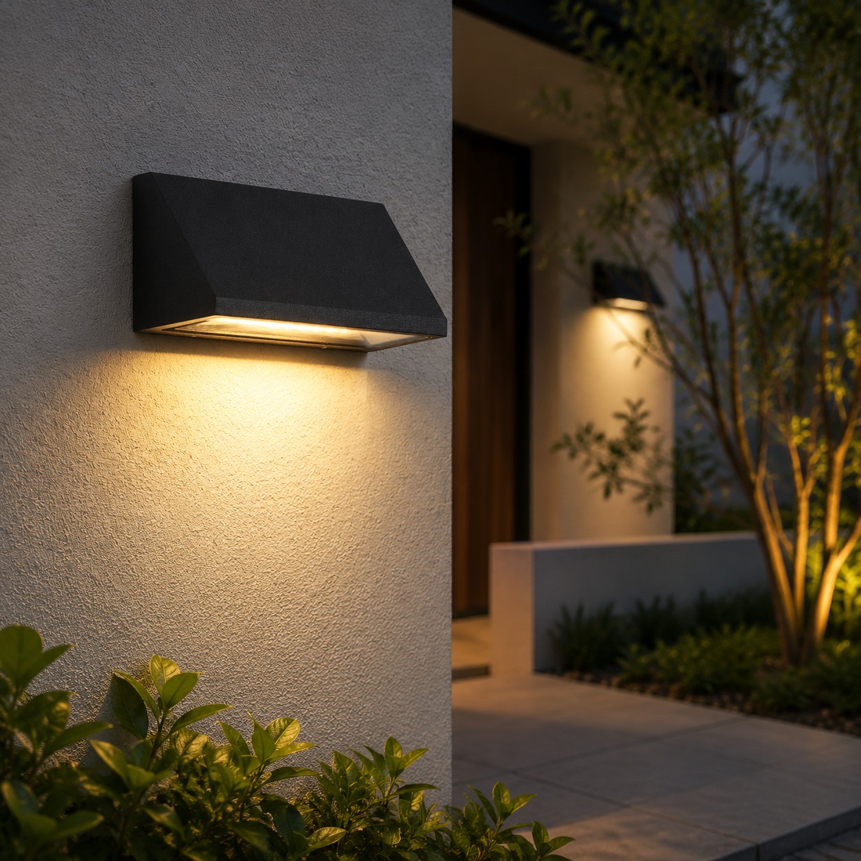 Black outdoor LED wall lamp installed on a courtyard exterior wall at night