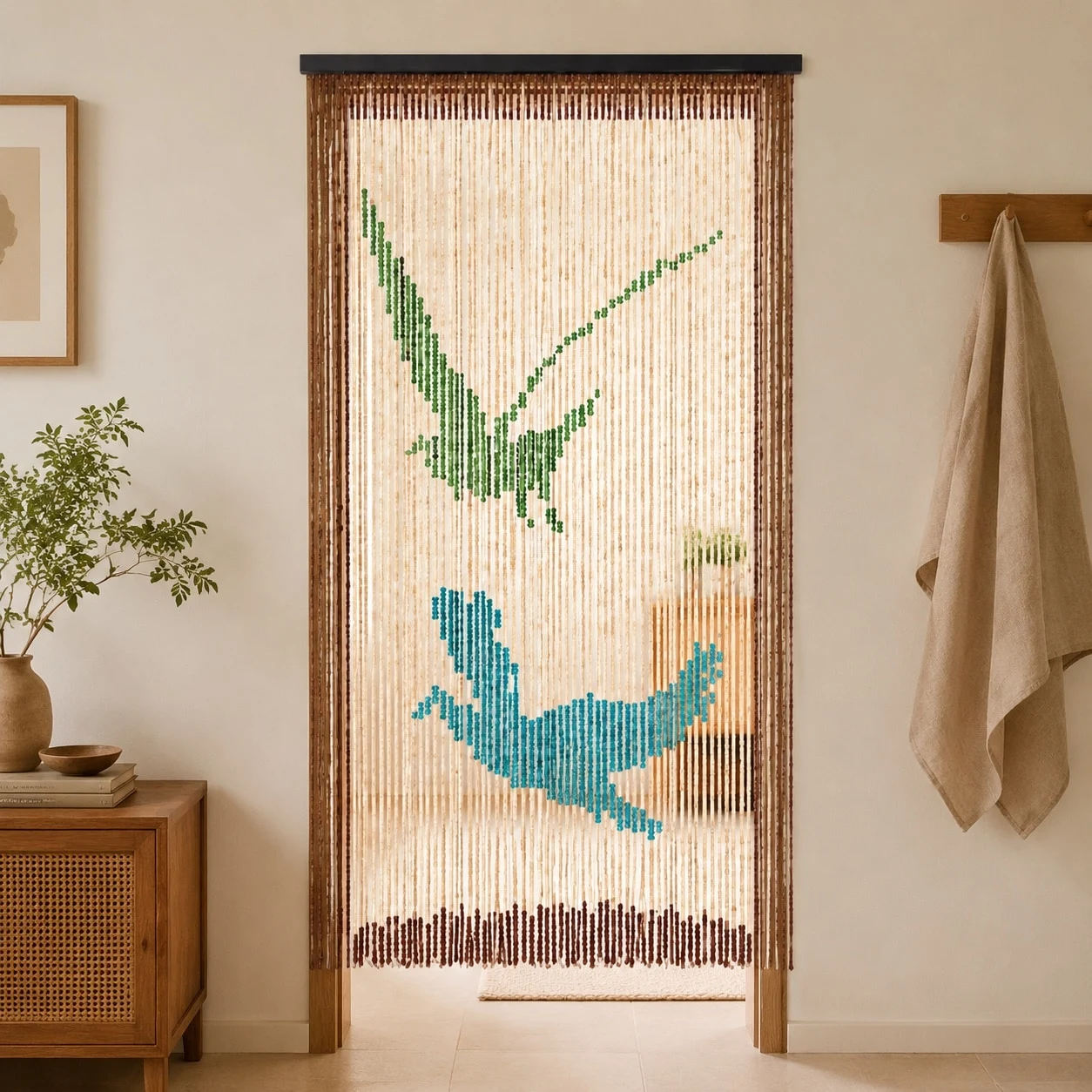 Bird motif wooden beaded curtain in a doorway
