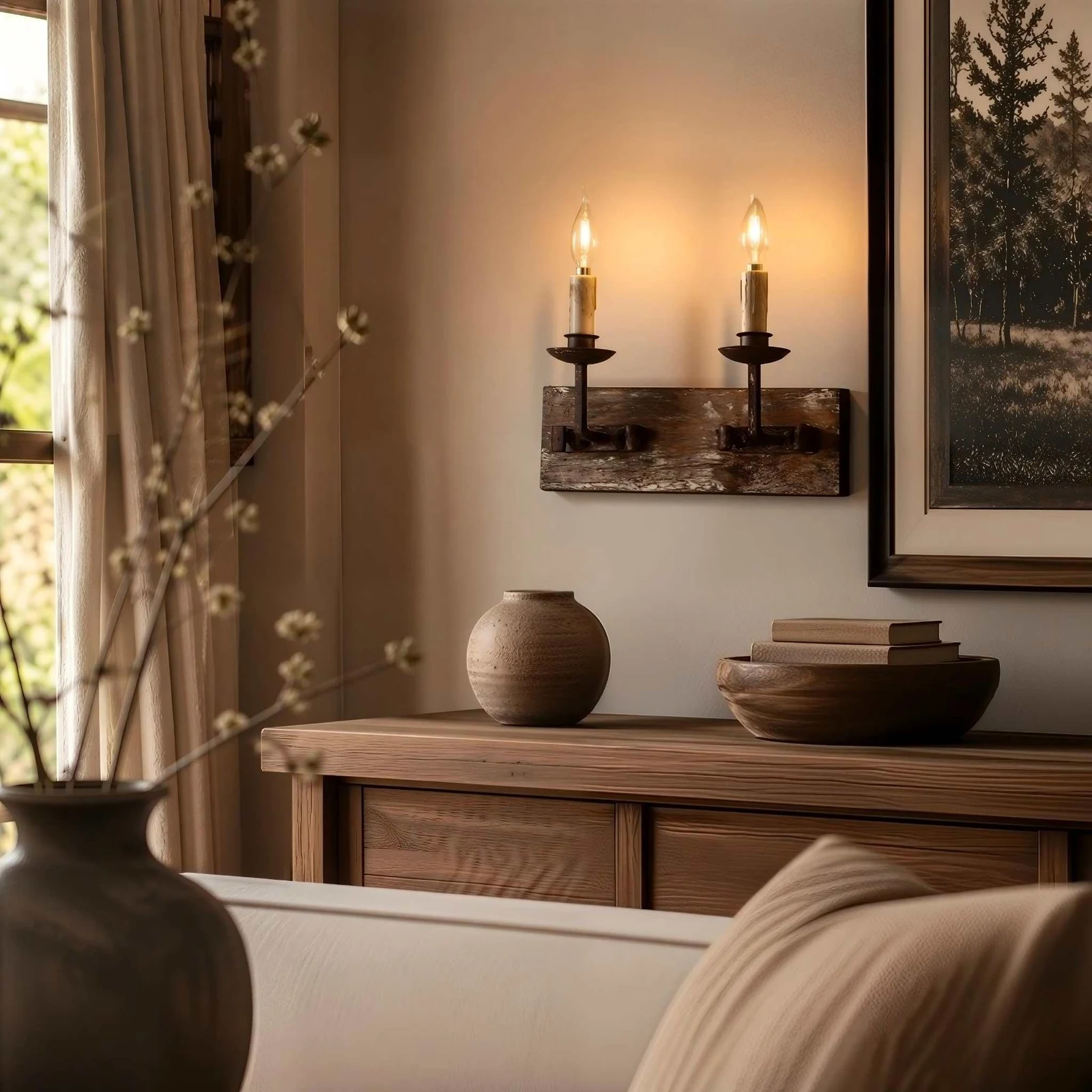 Two light rustic wall sconce installed above a wooden console