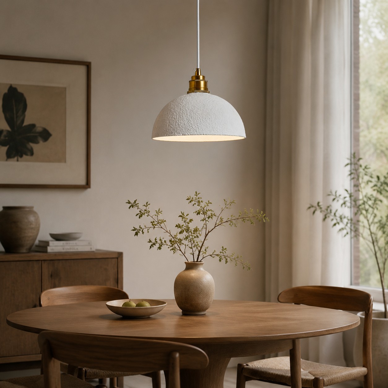 White textured pendant lamp above a wood dining table