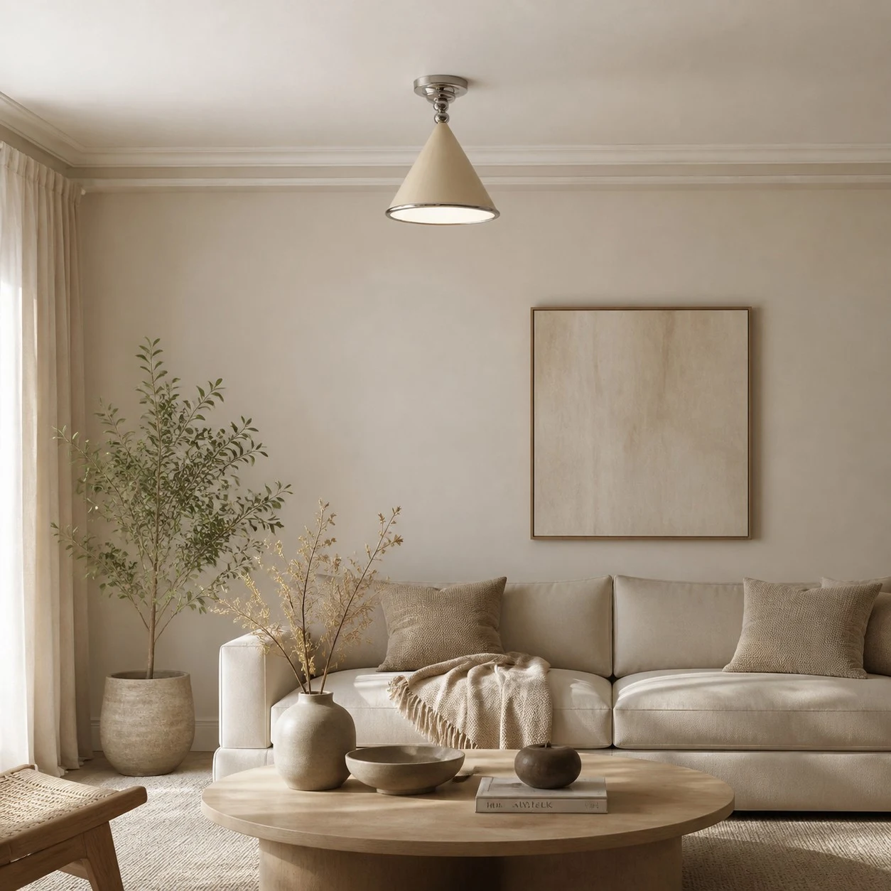 Cream cone ceiling light installed in a bedroom scene