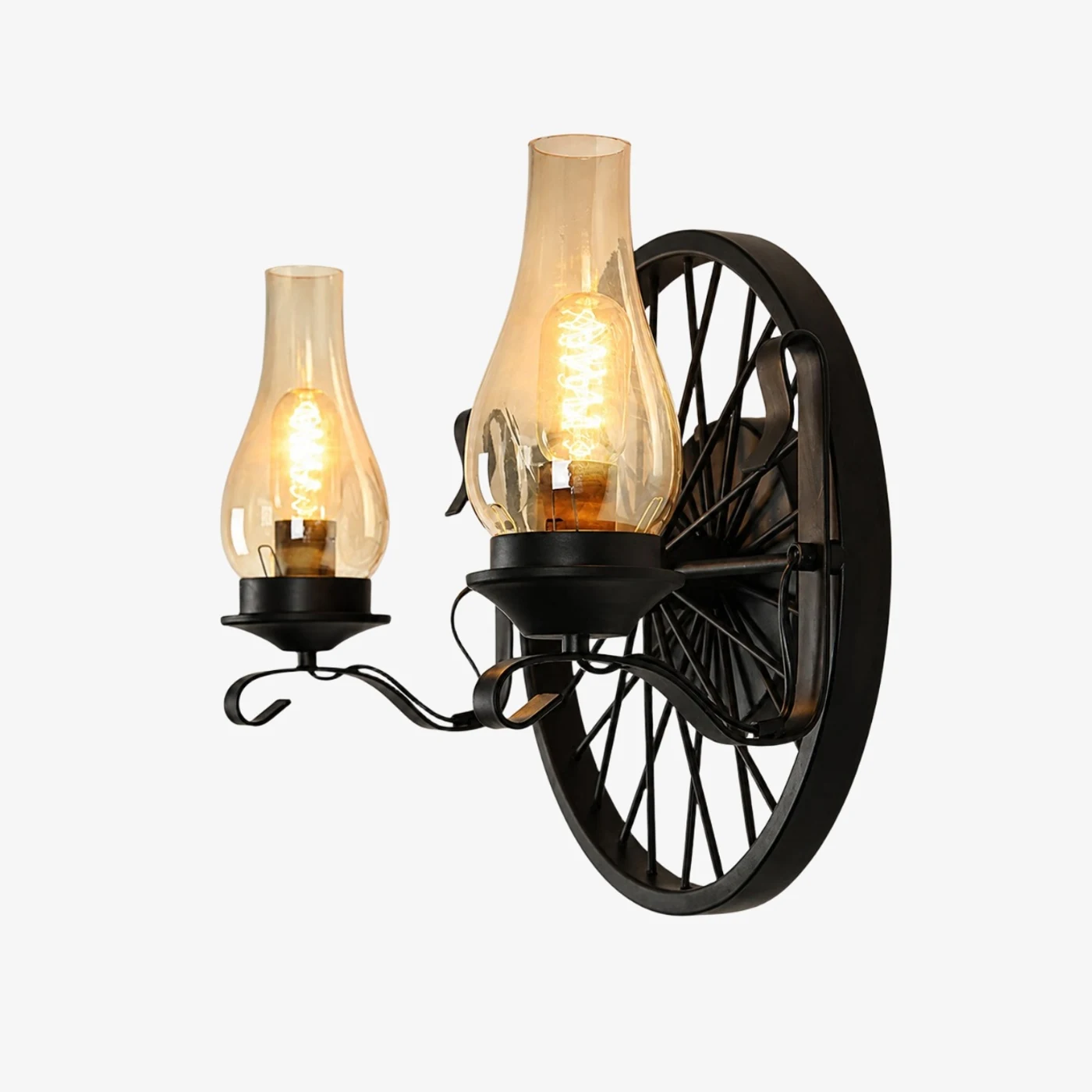 Two-head black wagon wheel wall sconce