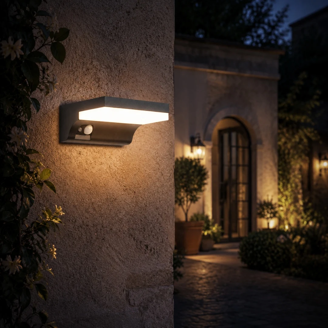 Outdoor wall lamp installed beside an entry at night