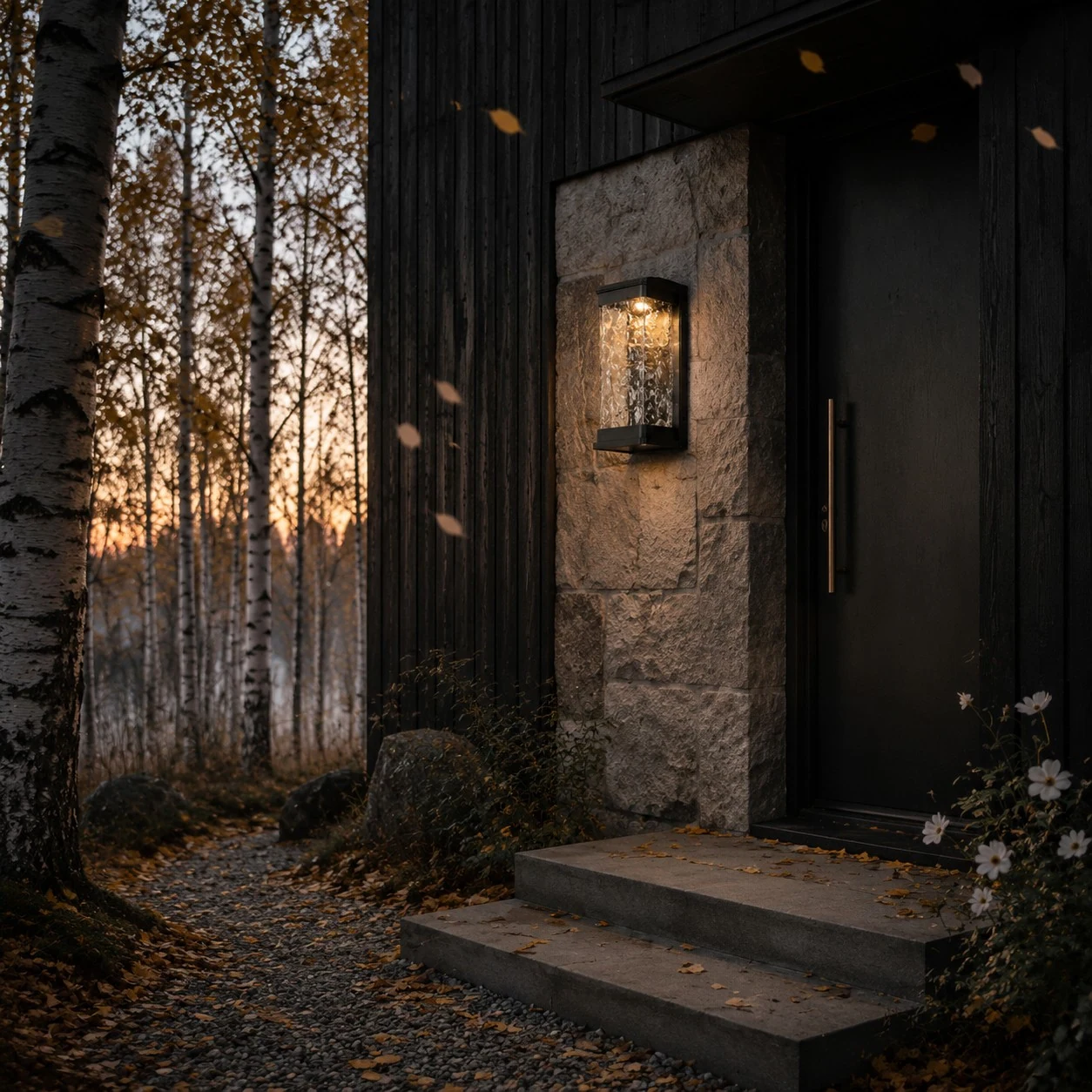 Outdoor LED wall light beside a modern entry door