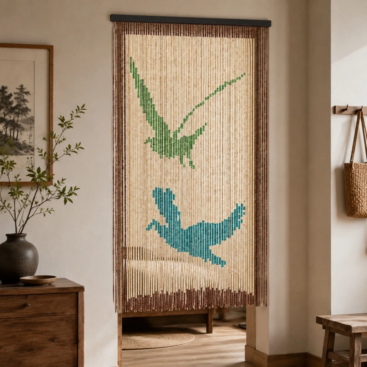 Bohemian wooden beaded curtain beside entry furniture