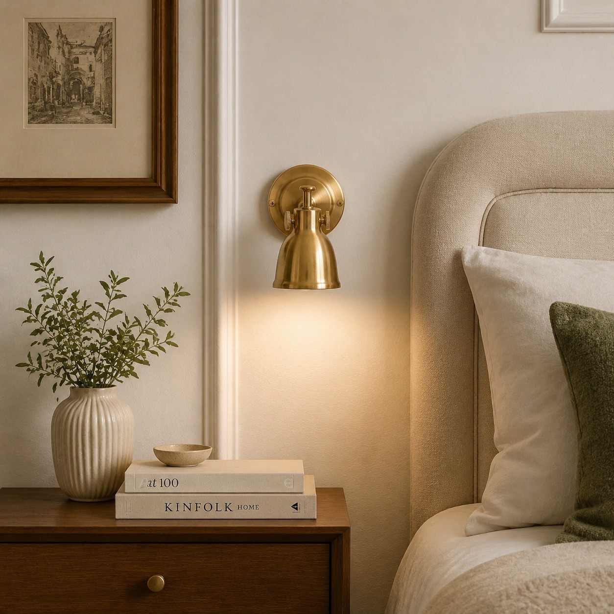 Brass wall lamp casting warm light beside a bed