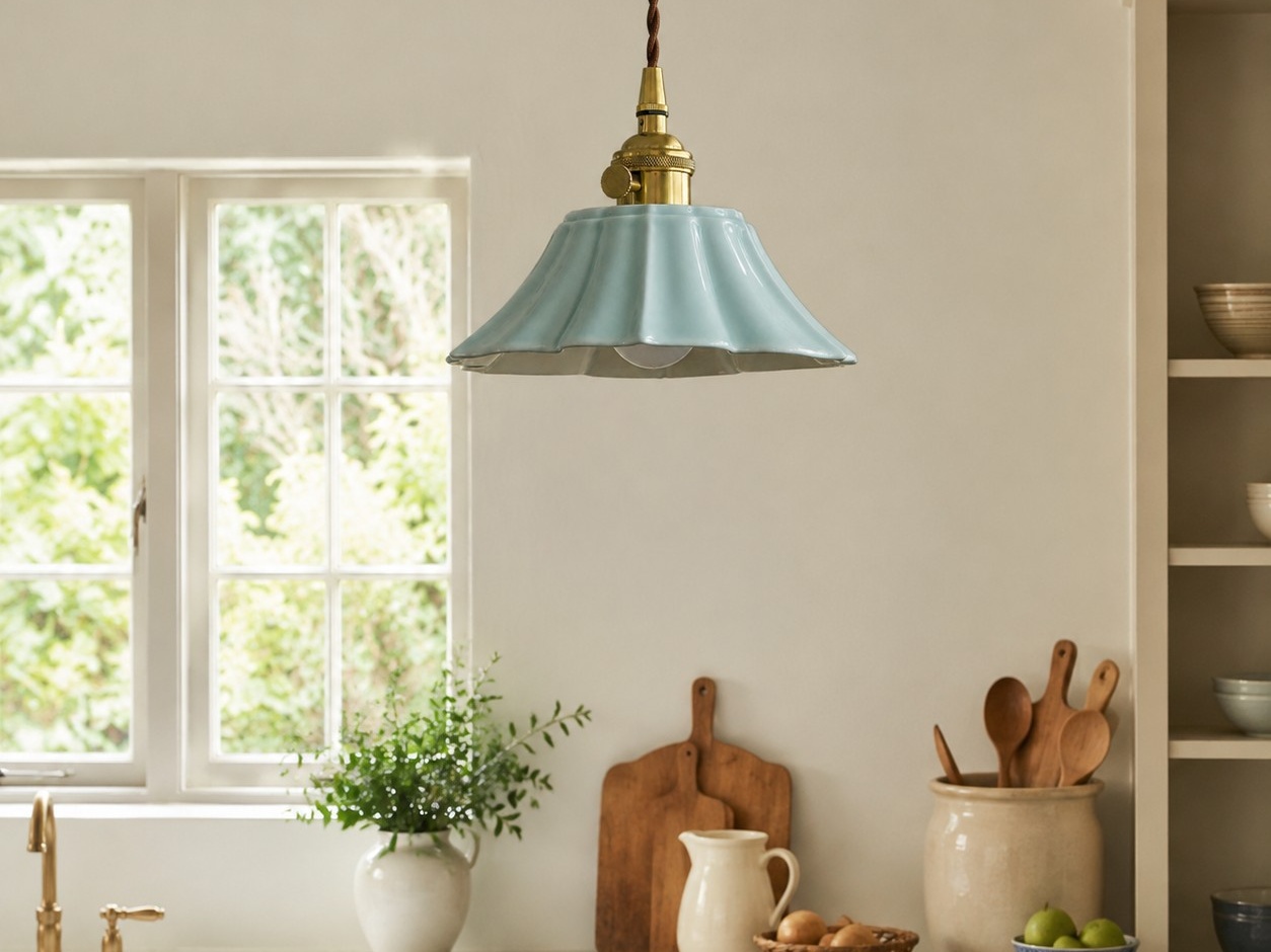 Sky blue ceramic pendant light above a bright kitchen counter