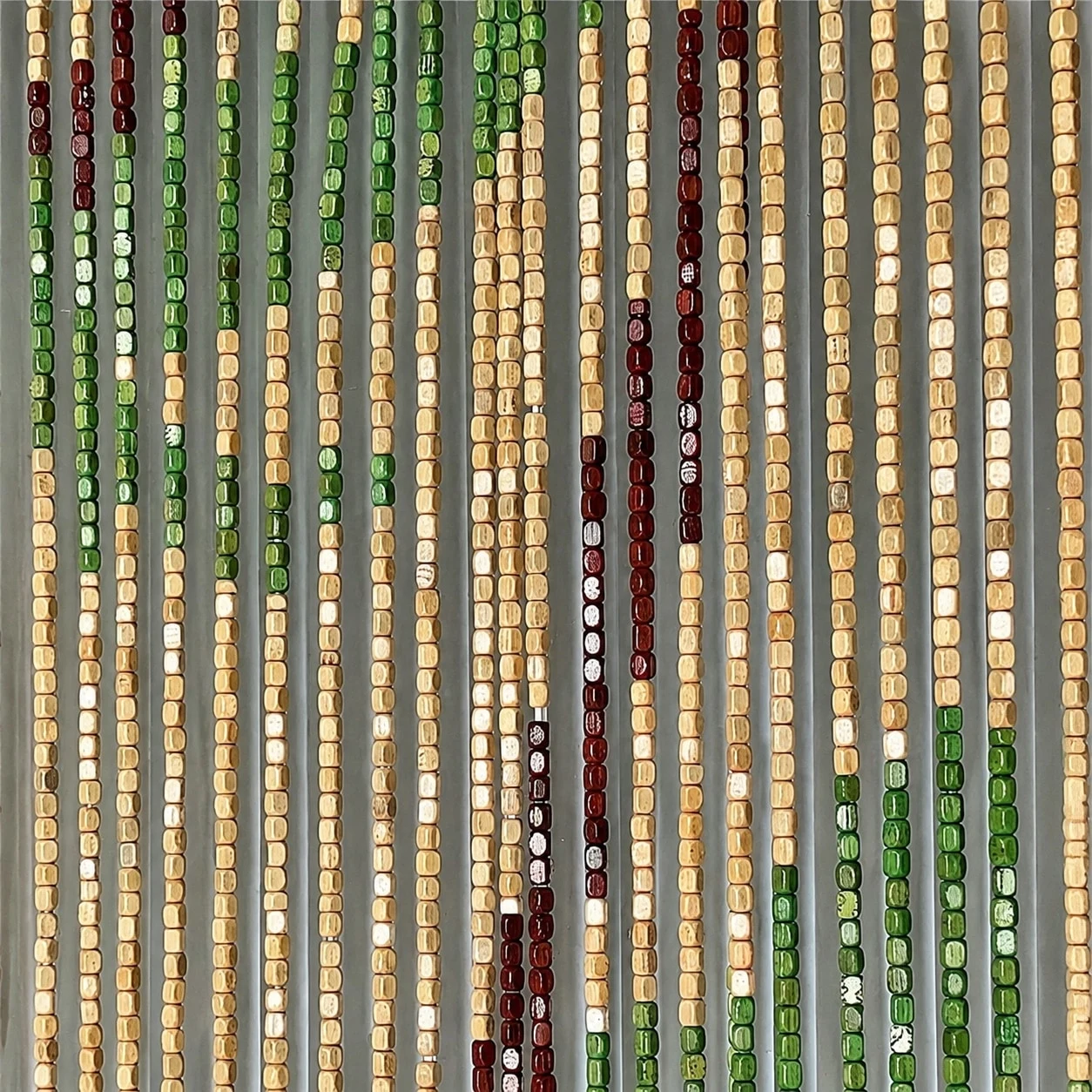 Close view of wood bead curtain strands
