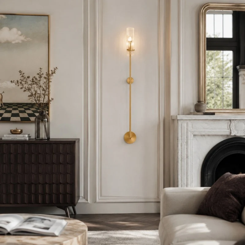 Long Copper and Glass Wall Sconce installed in a living room