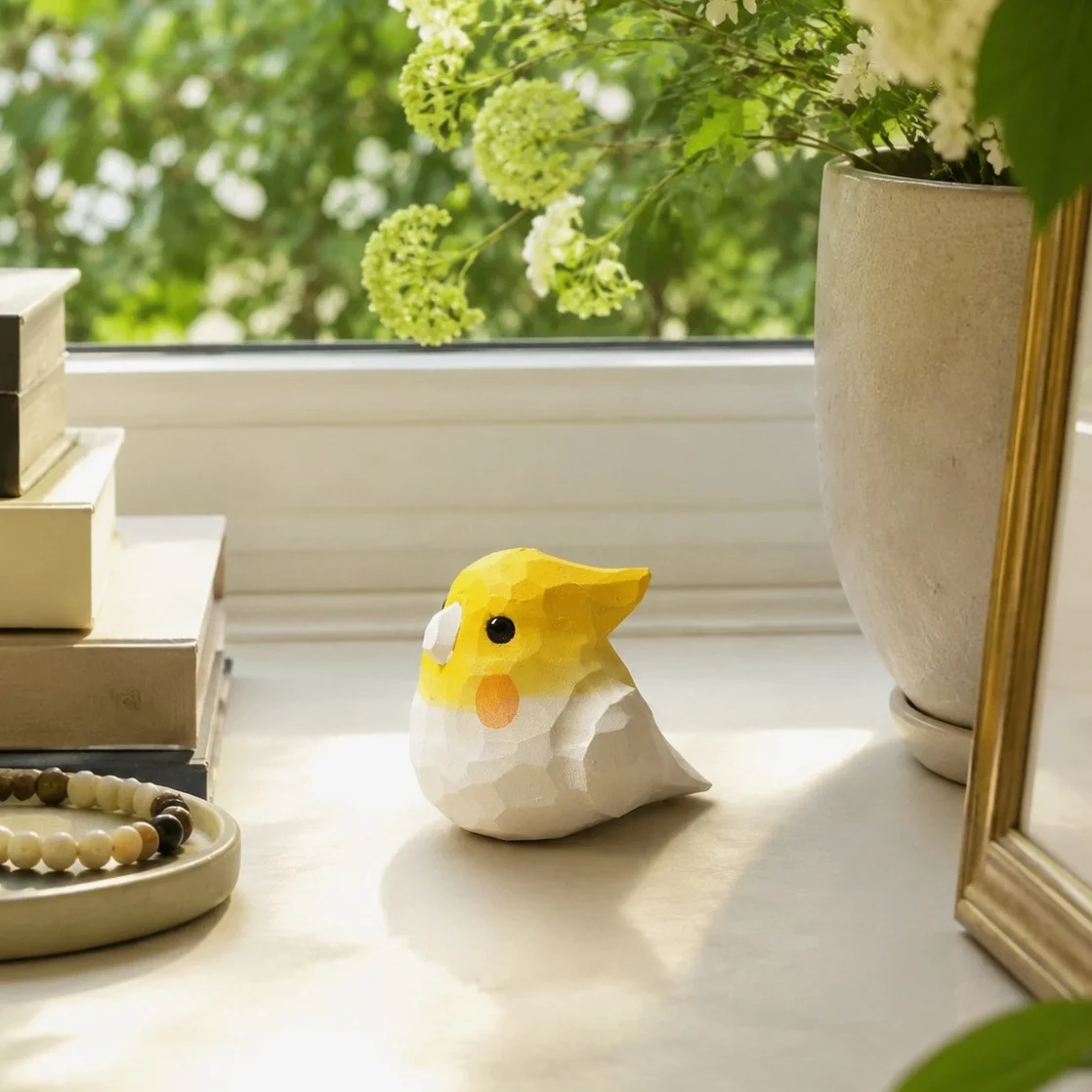 Cute wooden bird ornament bedside scene
