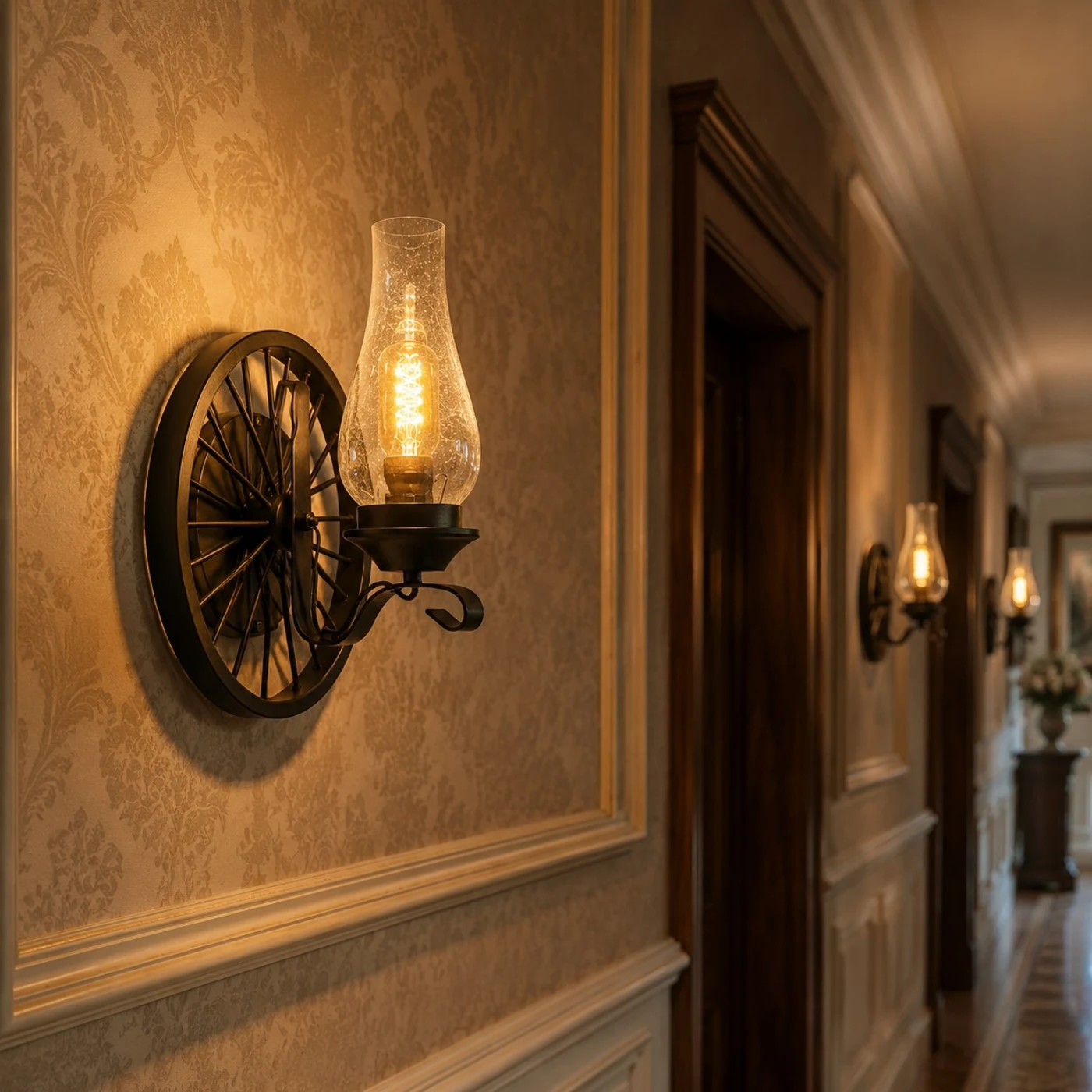 Black wagon wheel wall sconce installed in a hallway