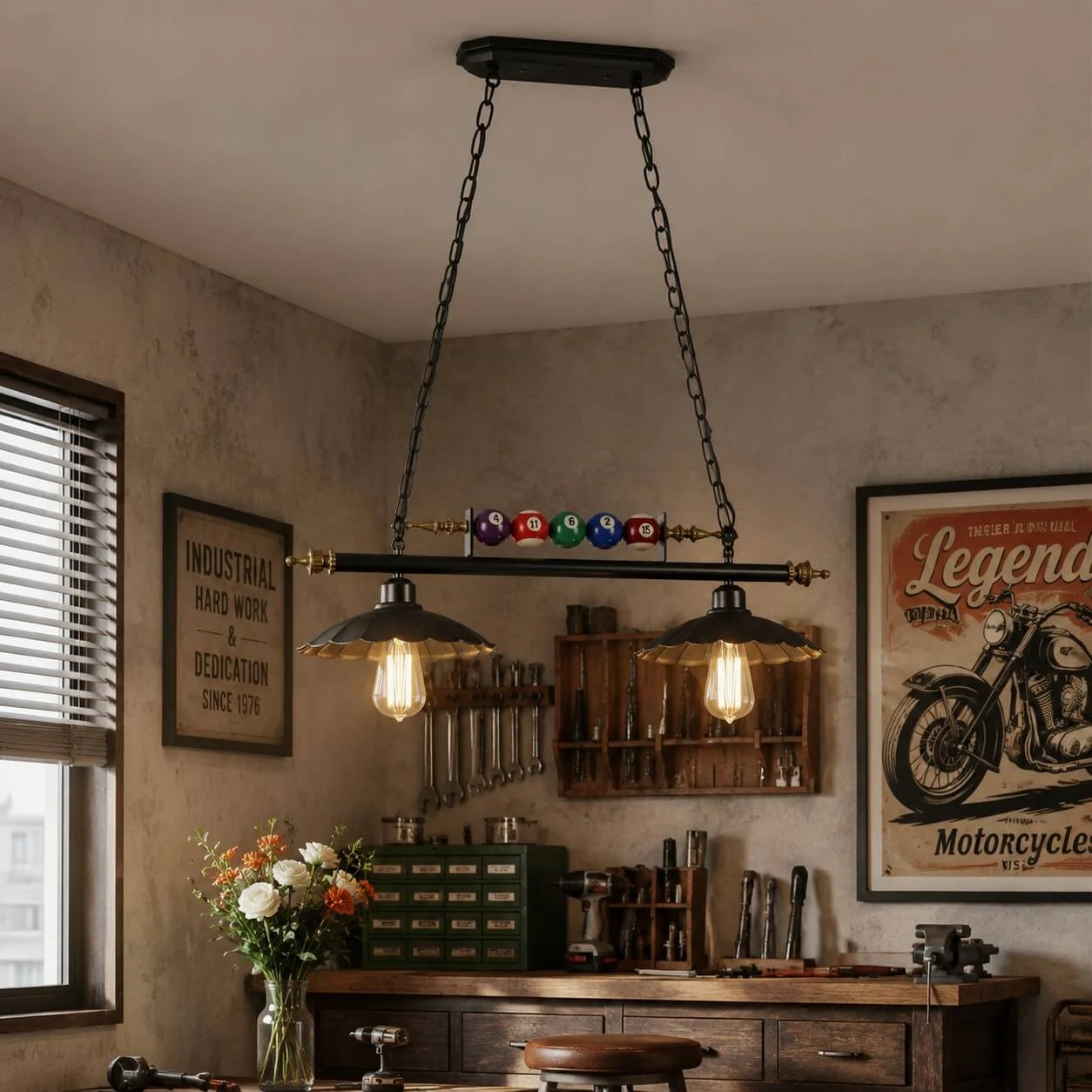 Warm multi-light chandelier styled above a vintage bar counter