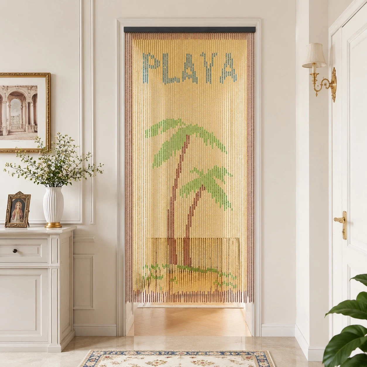 Palm motif wooden beaded curtain in a bedroom doorway