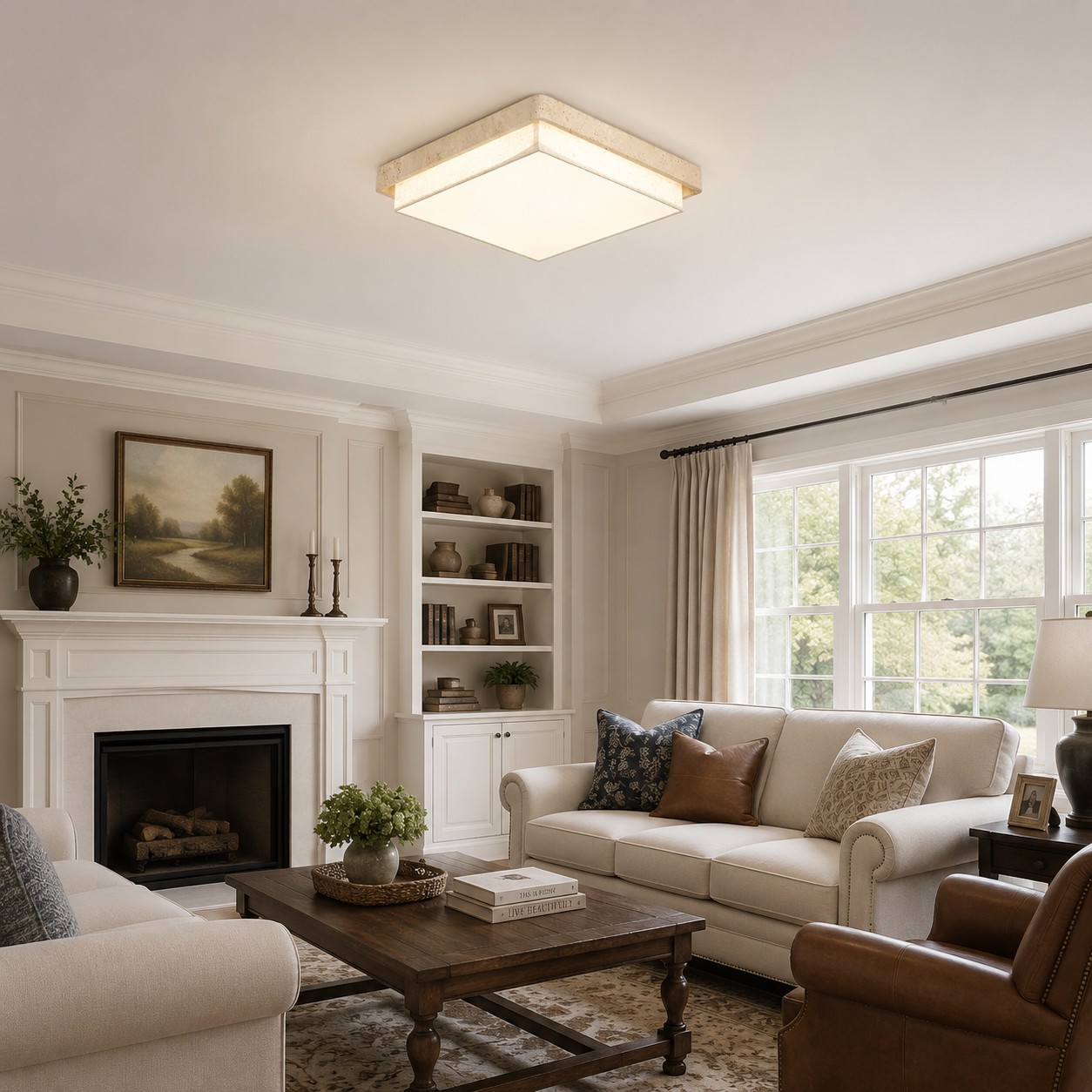 Travertine Fabric Flush Mount Ceiling Light in room setting