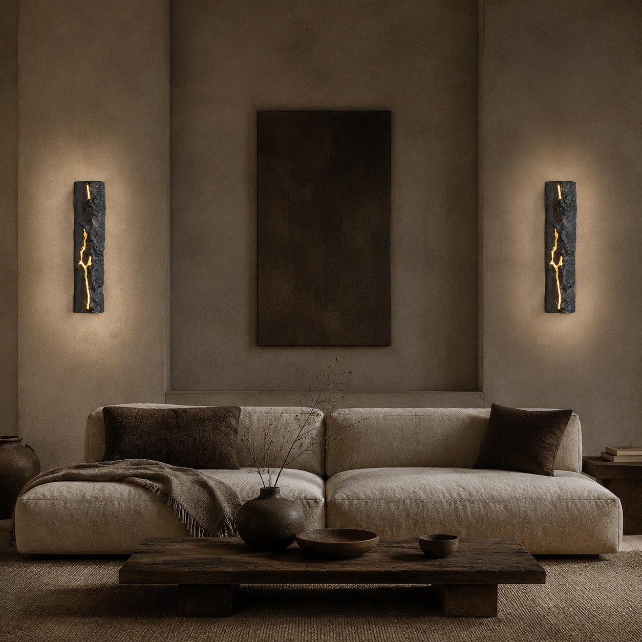 Pair of dark resin crack wall lights in a warm living room