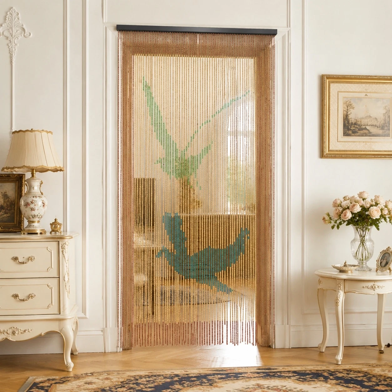 Wooden beaded curtain styled in a bright doorway