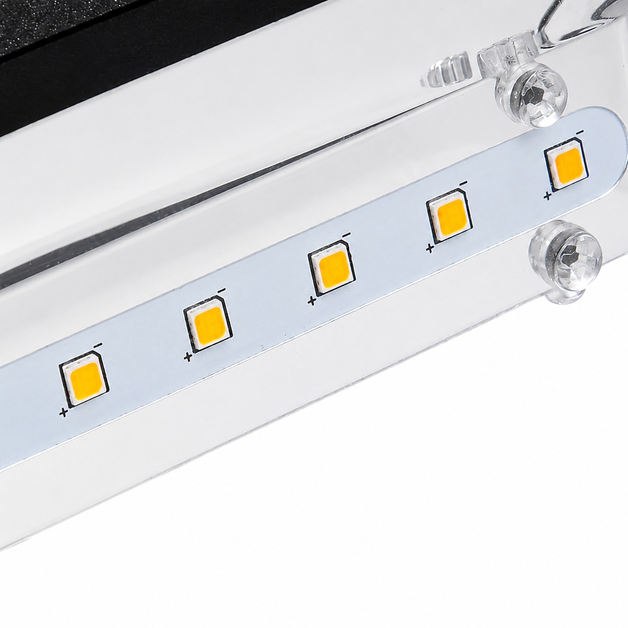 Underside LED module and reflector inside the black outdoor wall light