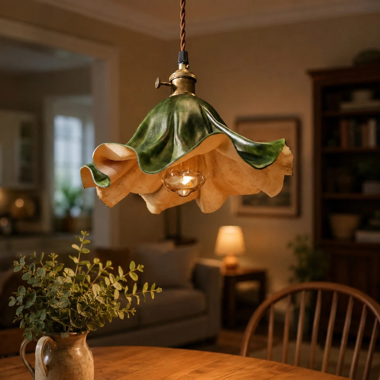 Sculptural Dark Green Pleated Leather Pendant Light