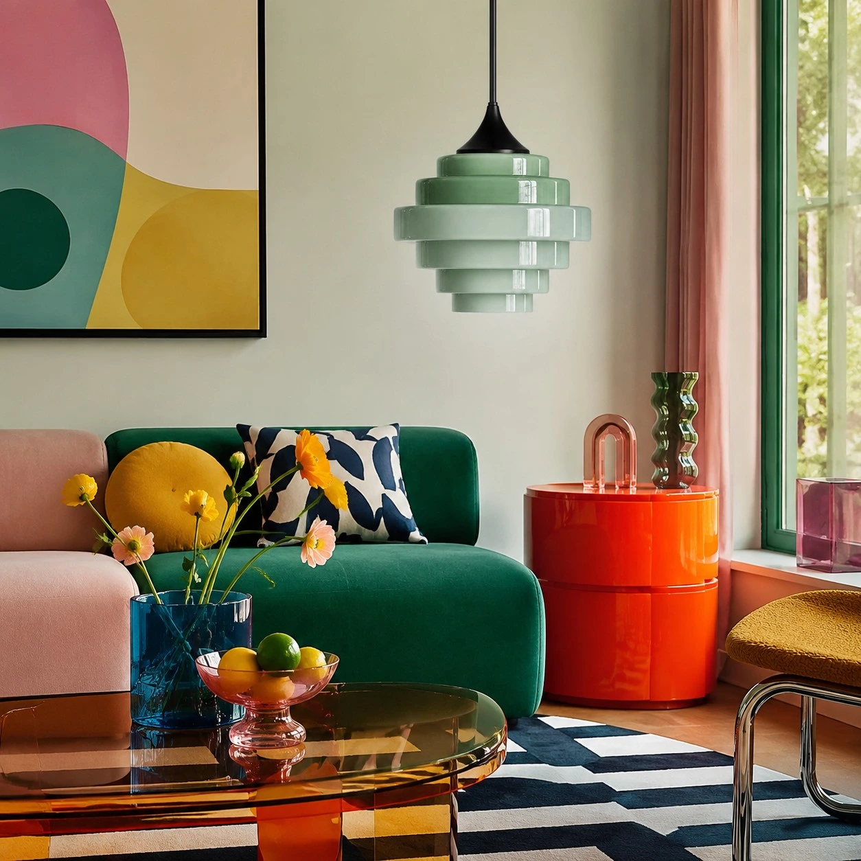 Colgante de vidrio Sanenos verde en una sala de estar colorida