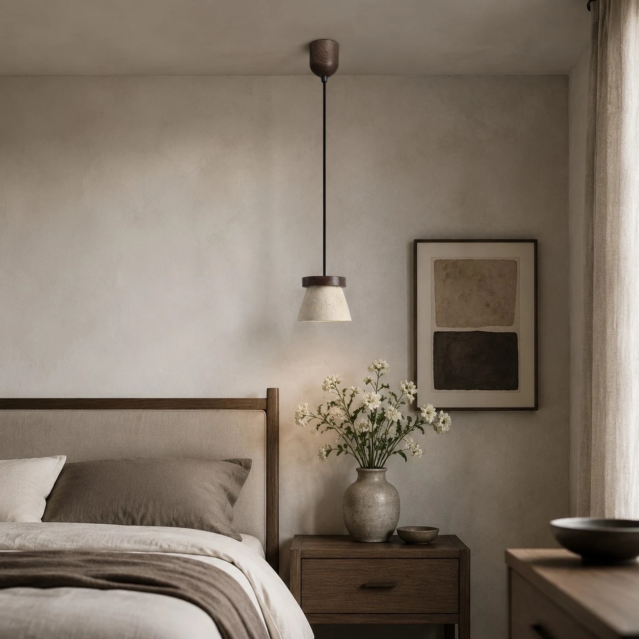 Luminária pendente instalada ao lado de um quarto com decoração em tons neutros e aconchegantes.