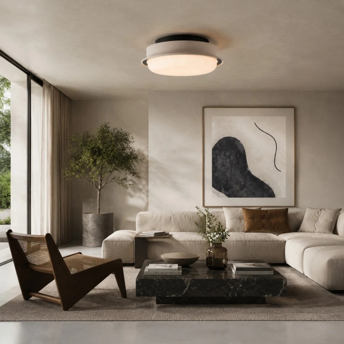 Milky white ceiling light fully shown in a living room scene