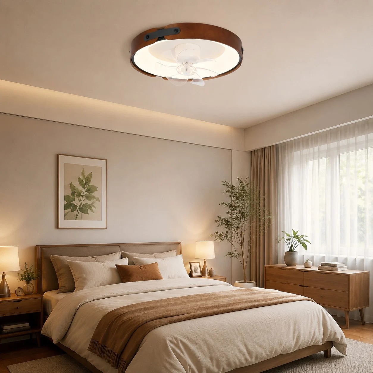 Walnut ceiling light installed in a warm bedroom scene
