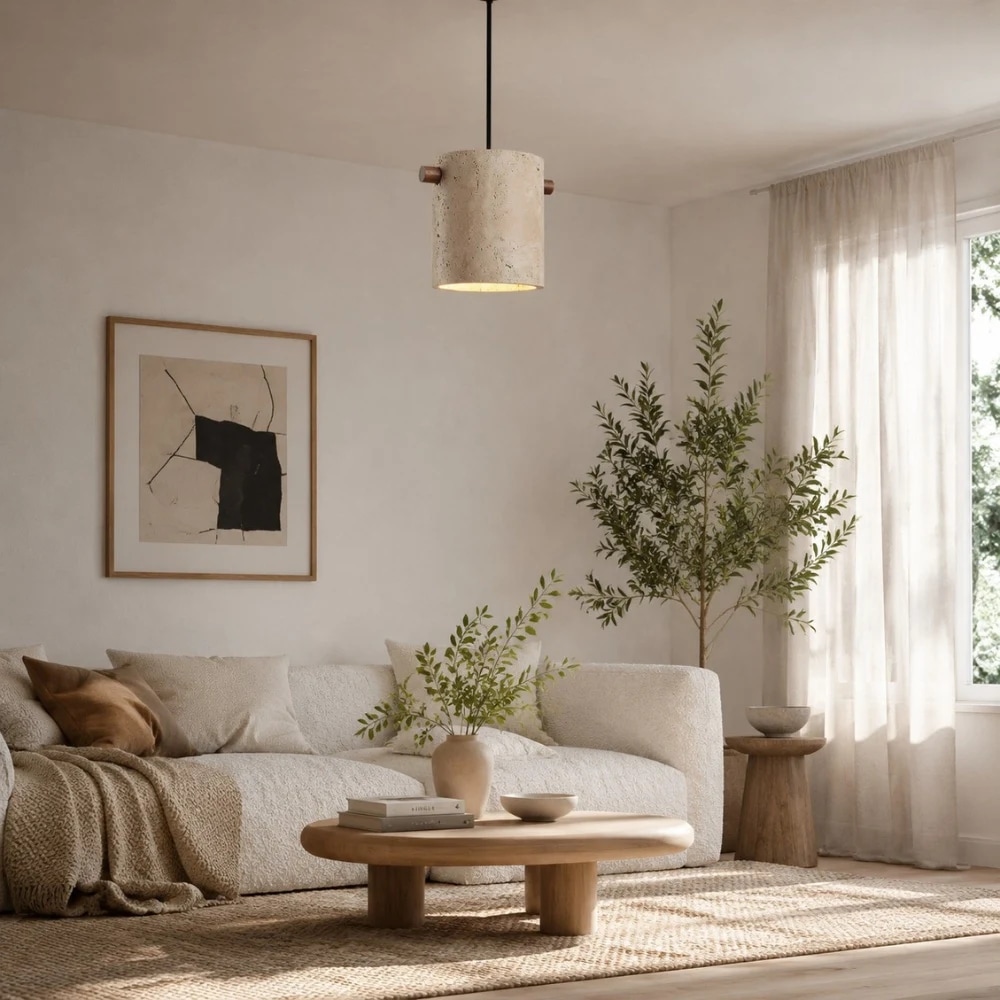 Luminária pendente cilíndrica de travertino Wabi-Sabi para ambiente