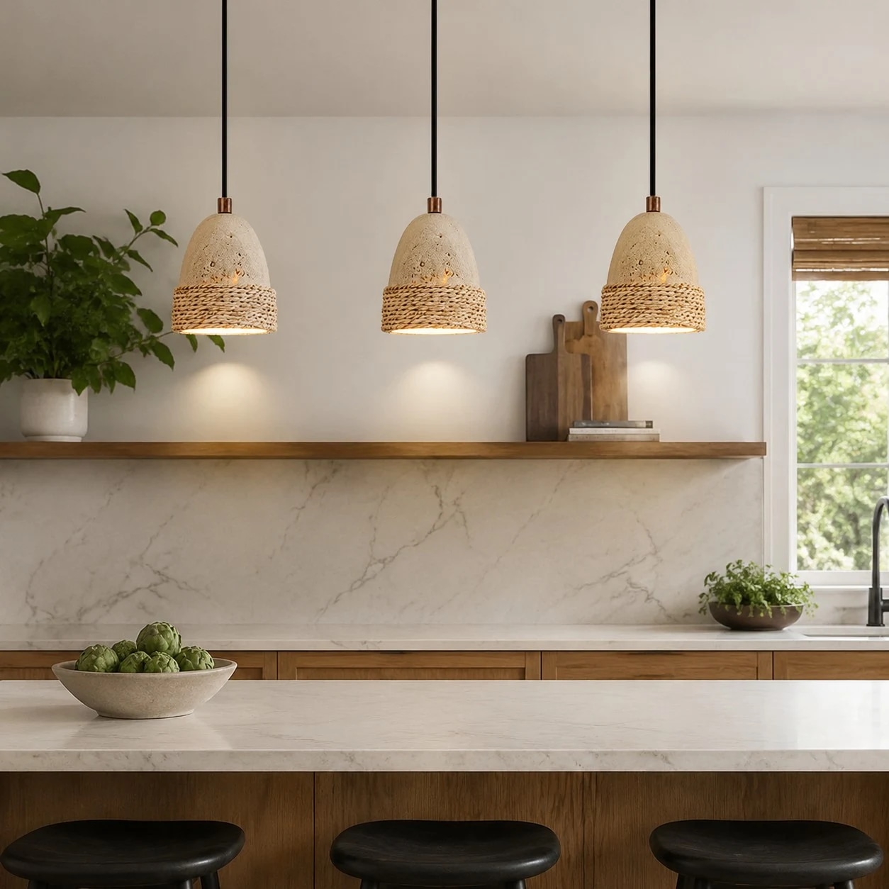 Three woven pendant lights over a kitchen counter
