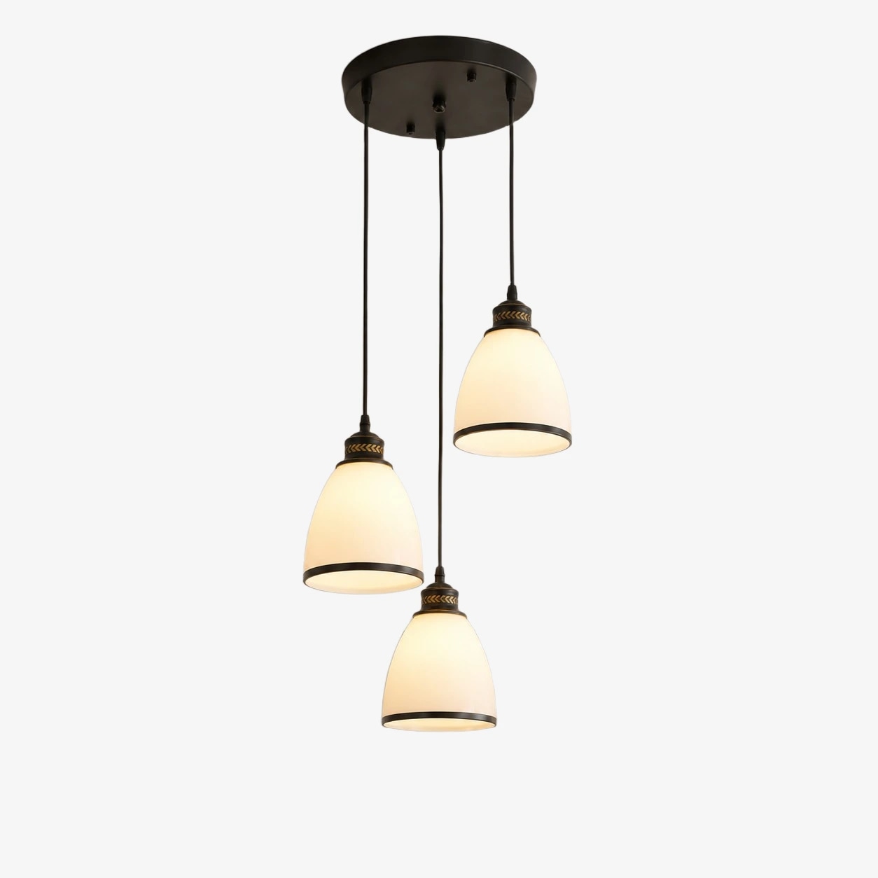 Round canopy three-light pendant with staggered drops