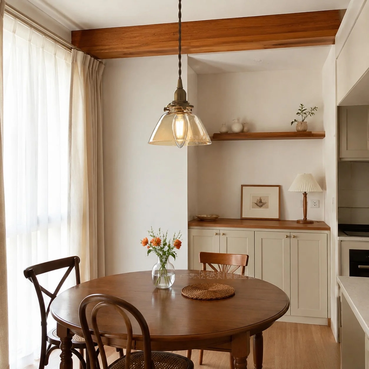 Vintage glass pendant lamp over a dining nook
