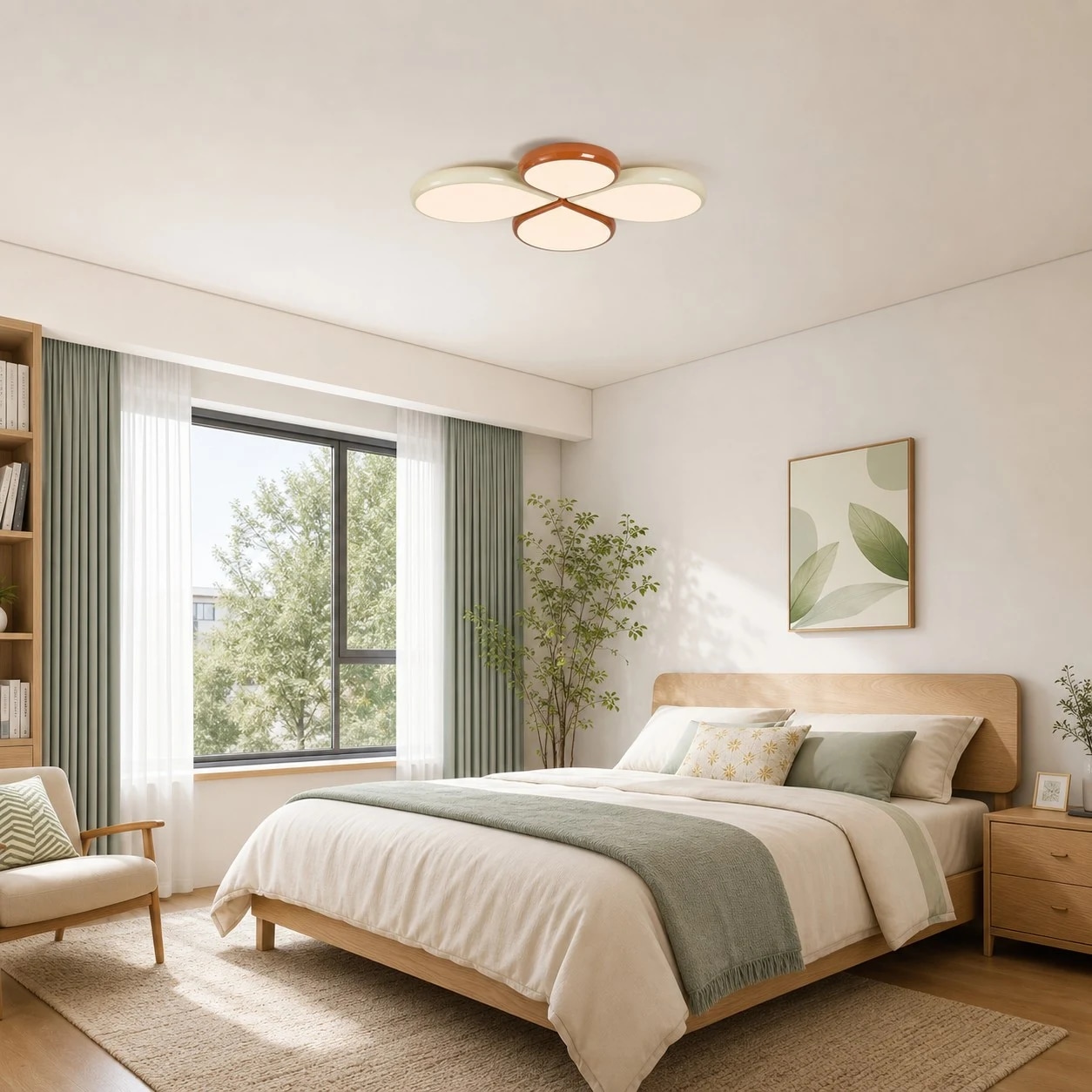 Lámpara de techo con forma de trébol en un dormitorio