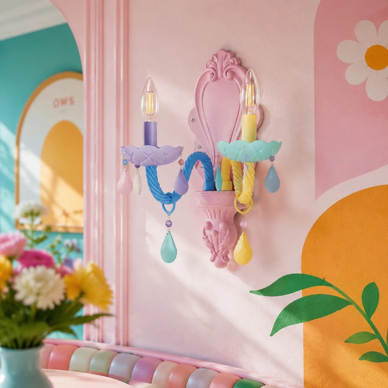 kleurrijke wandlamp met twee koppen in een pastelkleurige kinderkamer