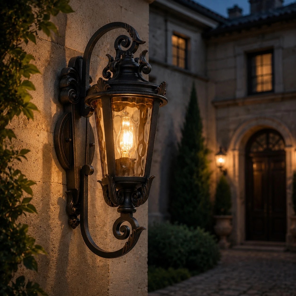 Outdoor wall lantern glowing beside an entryway