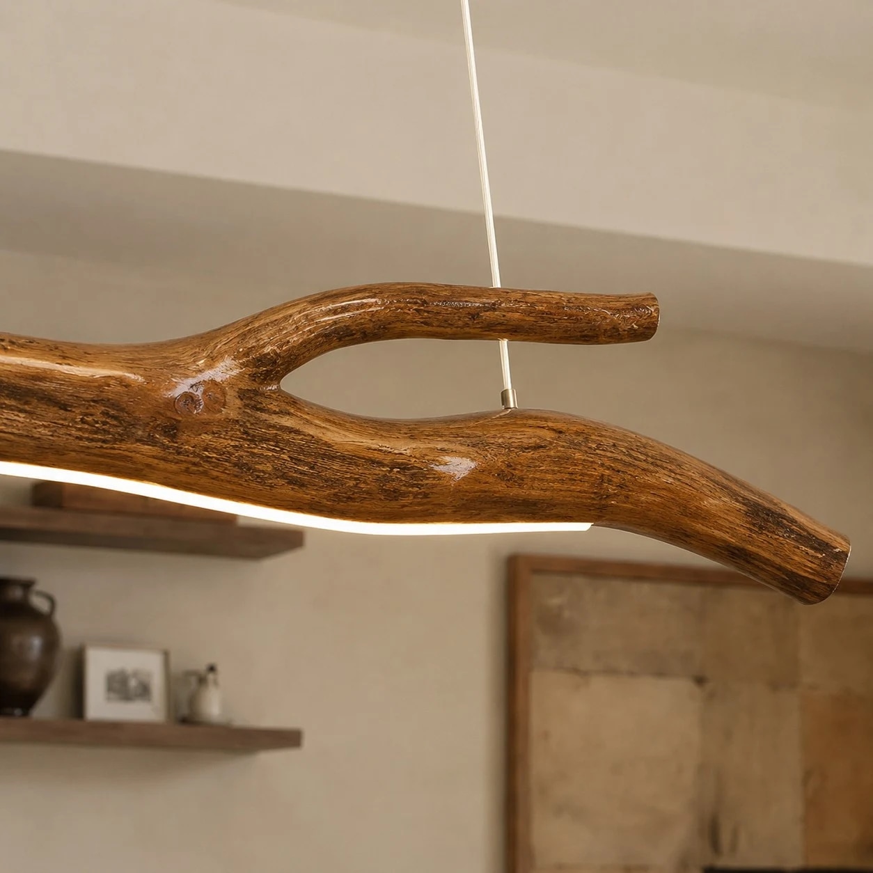 Gros plan sur le grain naturel d'une branche de bois et une bande LED