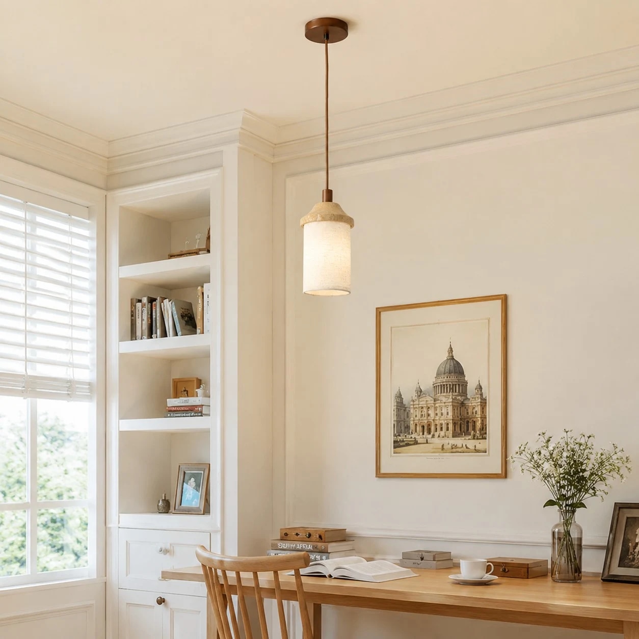 Luminária pendente de travertino instalada sobre uma mesa de jantar ou de leitura bem iluminada.