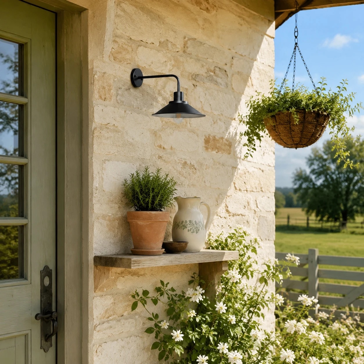 Außenwandlampe neben einem Regal auf der Veranda