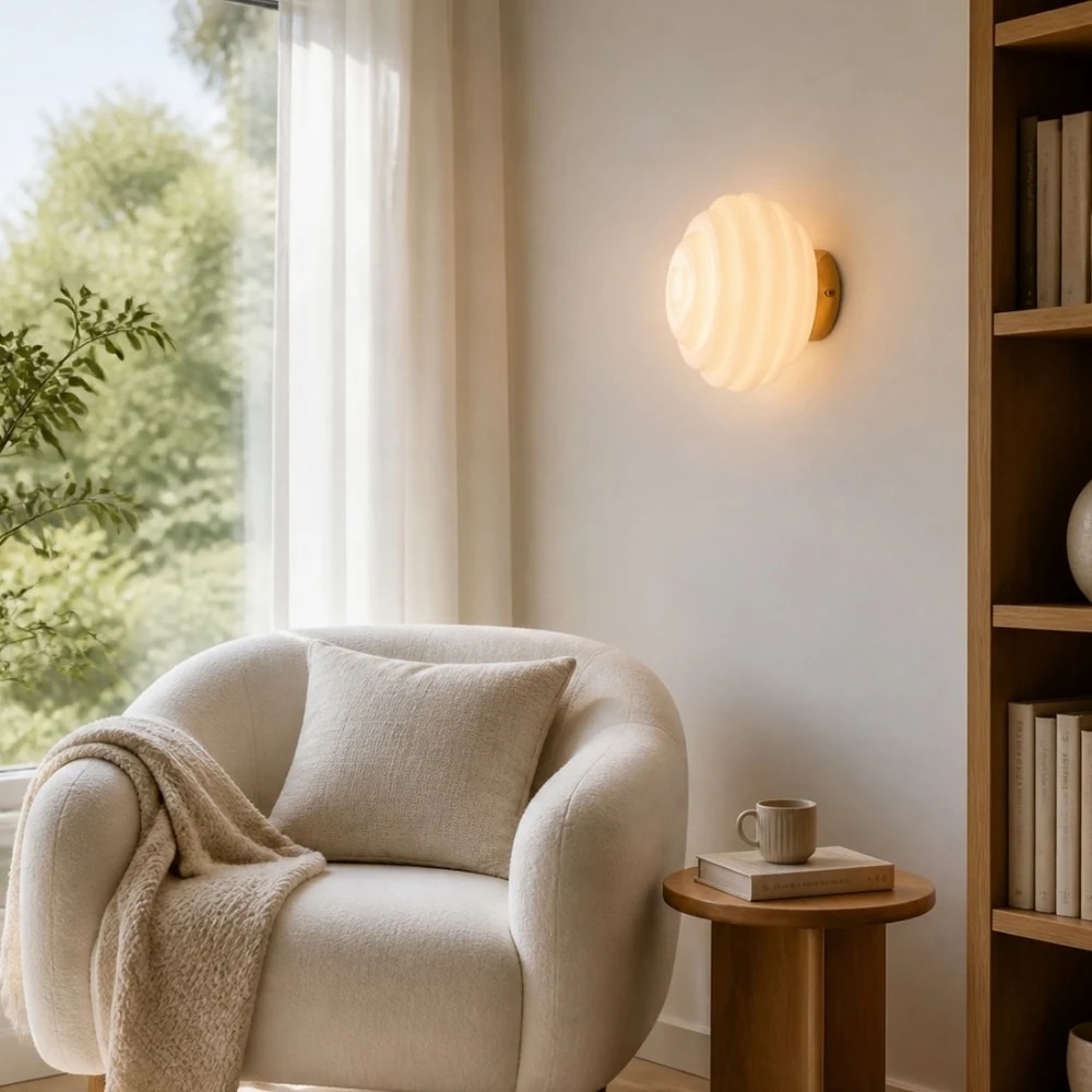 Applique murale en verre côtelé crème à côté d'un fauteuil.