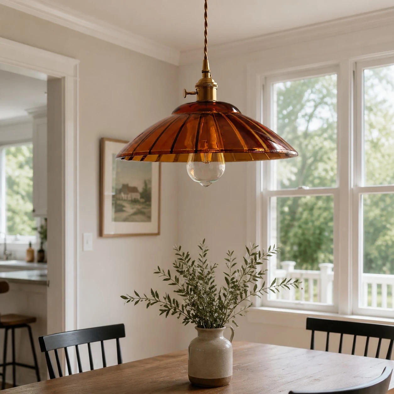 Pendellampa i bärnstensfärgat glas ovanför matbord