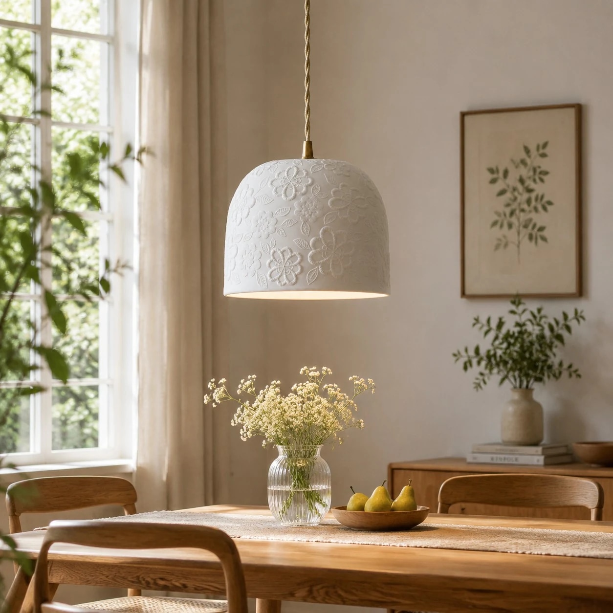 Lampada a sospensione in ottone e ceramica bianca sopra il tavolo da pranzo