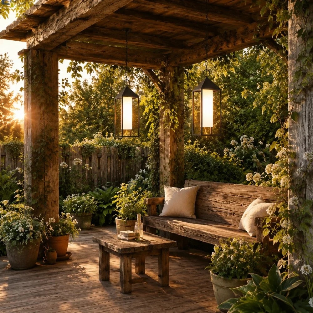Terraza exterior con pérgola y faroles colgantes negros.