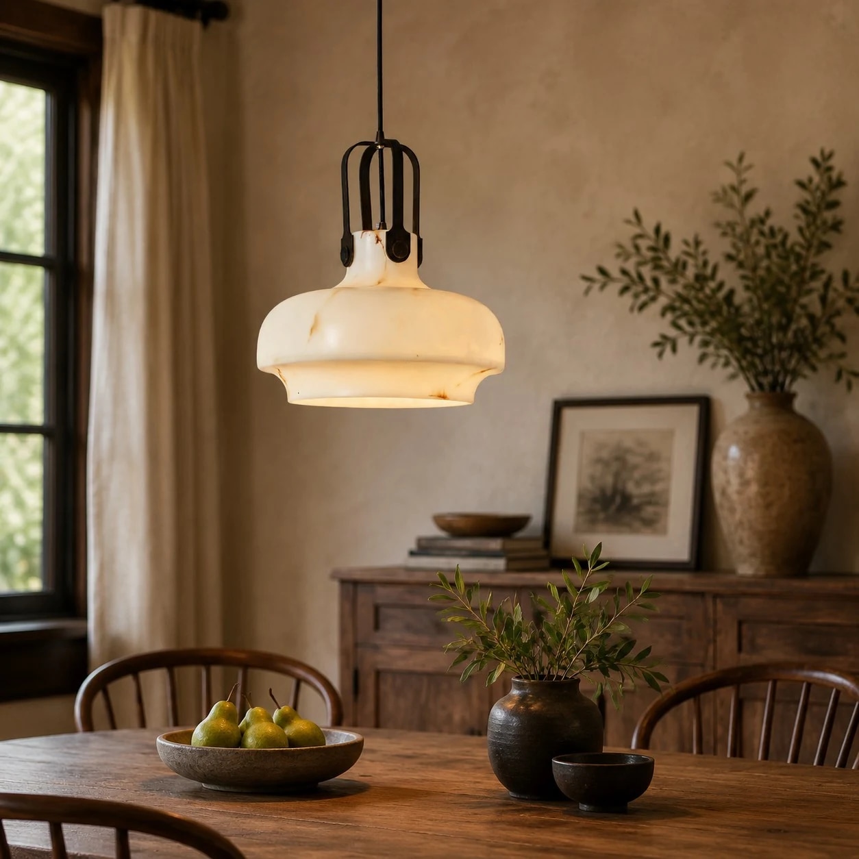 Warm pendant lighting in a vintage dining room setting