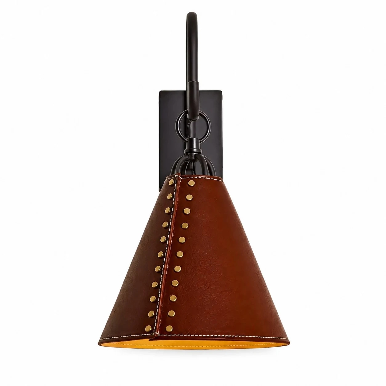 Side view of red leather cone shade suspended from black hook