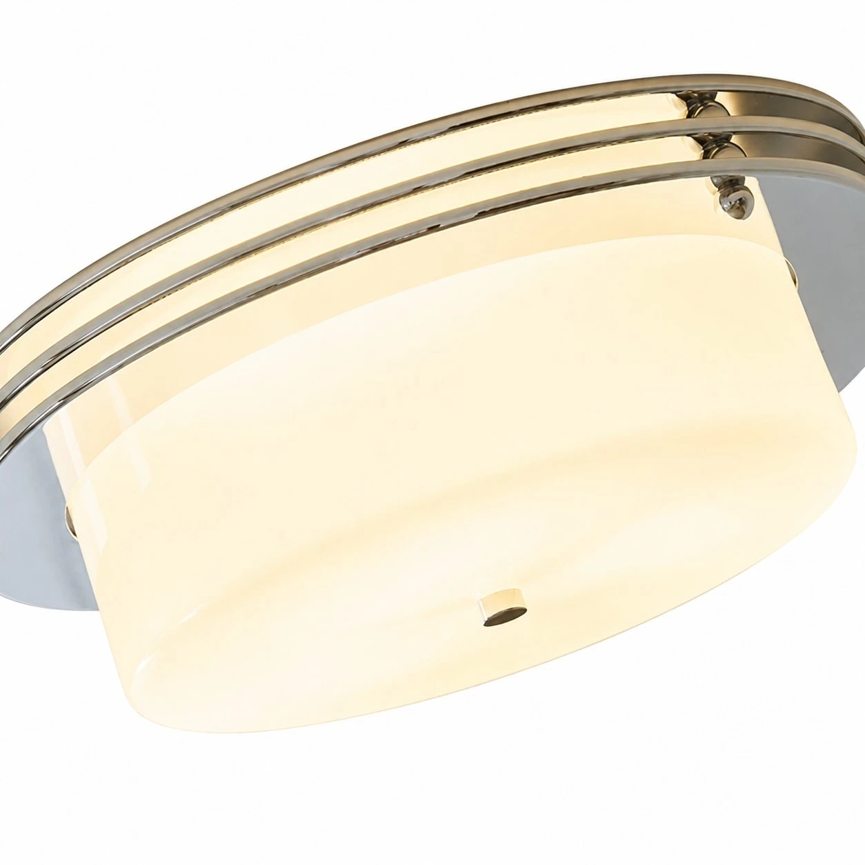 Milky glass shade below polished chrome trim on Zenthoris ceiling fixture