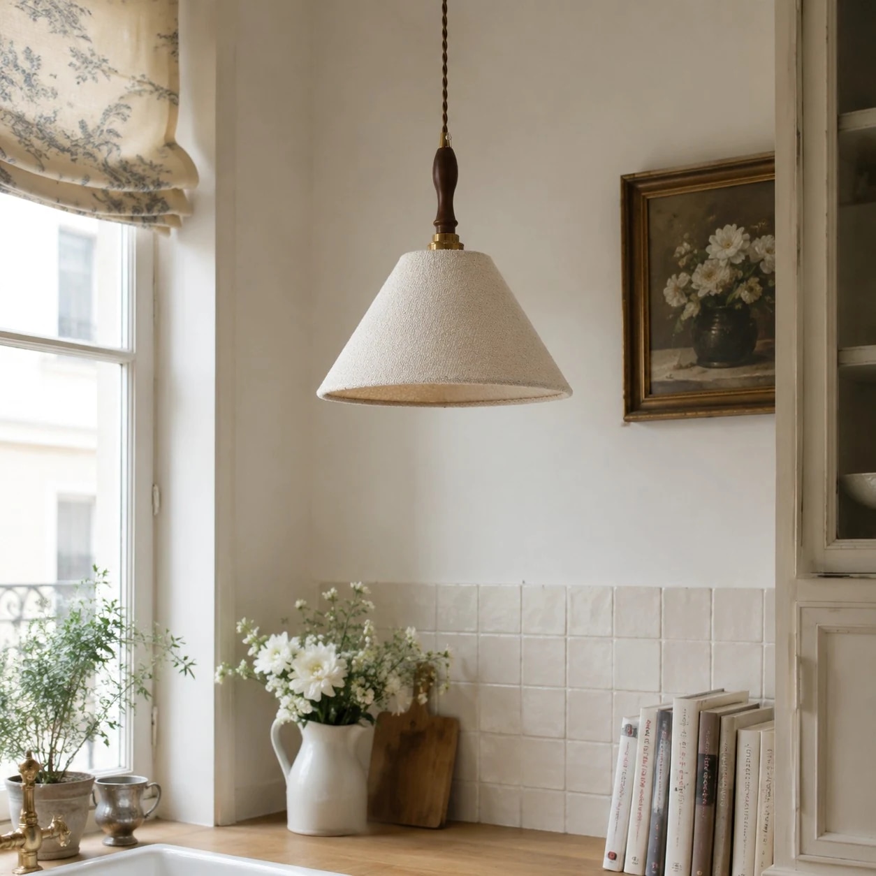 Pendant light installed near a bright window nook