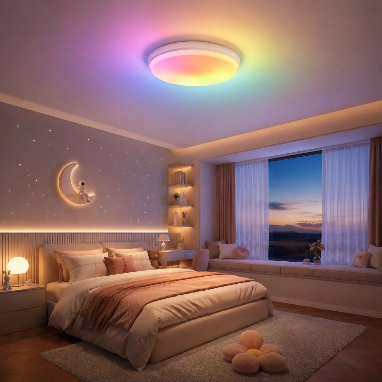 Plafoniera rotonda bianca con calda luce arcobaleno sopra un letto