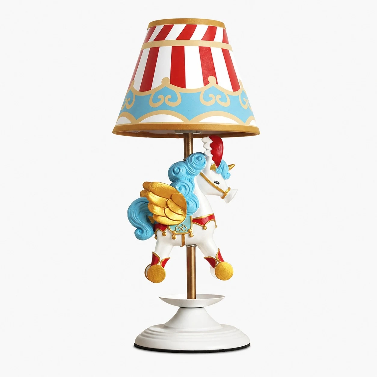 Lampe de table licorne de carrousel de cirque sur fond blanc