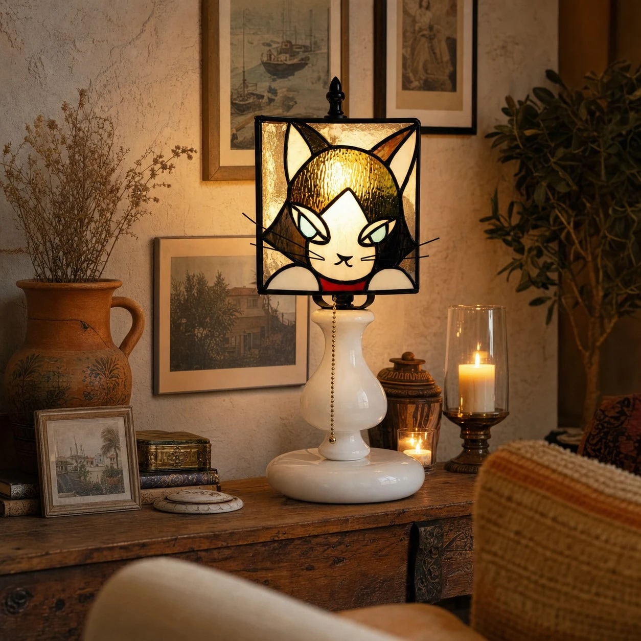 Lampe en vitrail violet fumé en forme de chat, illuminée sur une console vintage