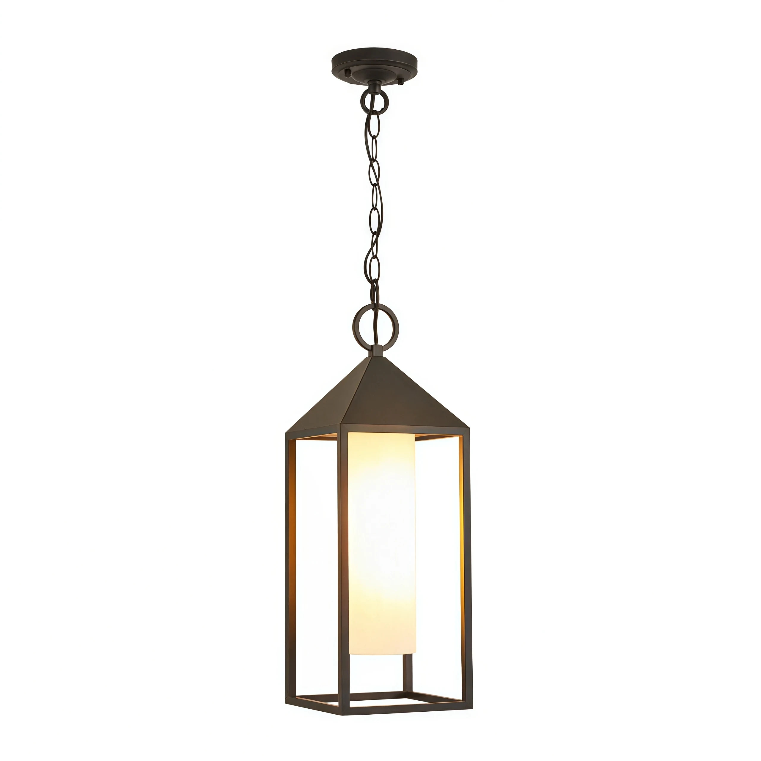 Lámpara colgante de exterior Allora con marco negro y cristal blanco (Imagen del producto)